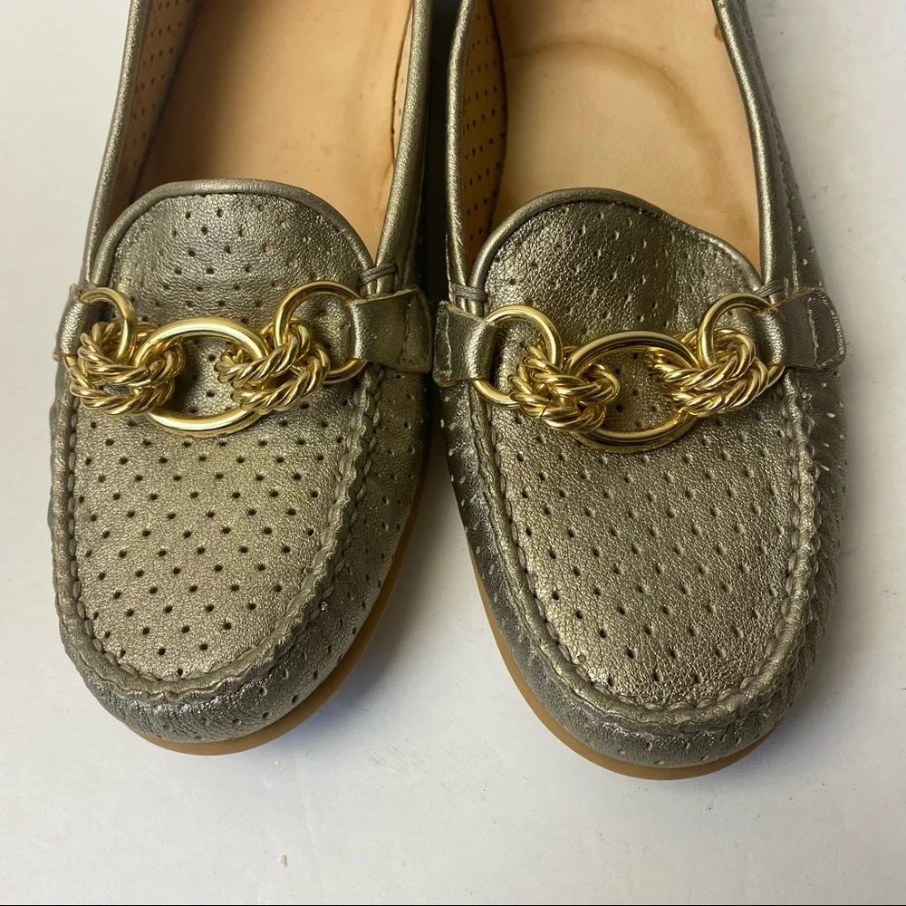 Vintage Stuart Weitzman Gold Metallic Leather Chain Bit Loafers 7.5 SS